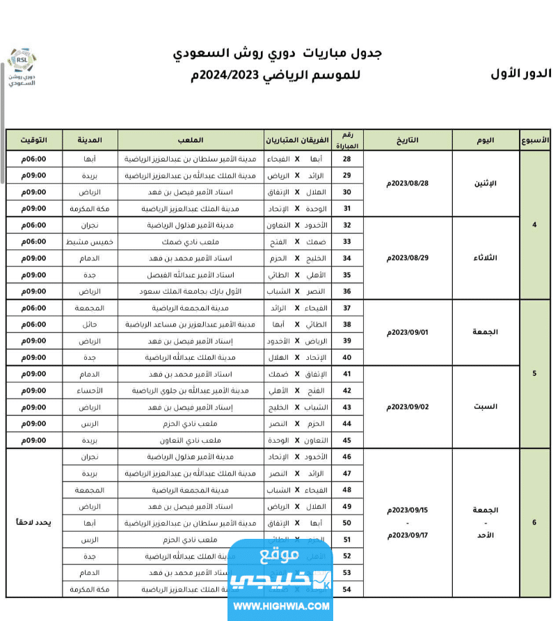 جدول مباريات دوري روشن السعودي للمحترفين 2024 مع مواعيد المباريات