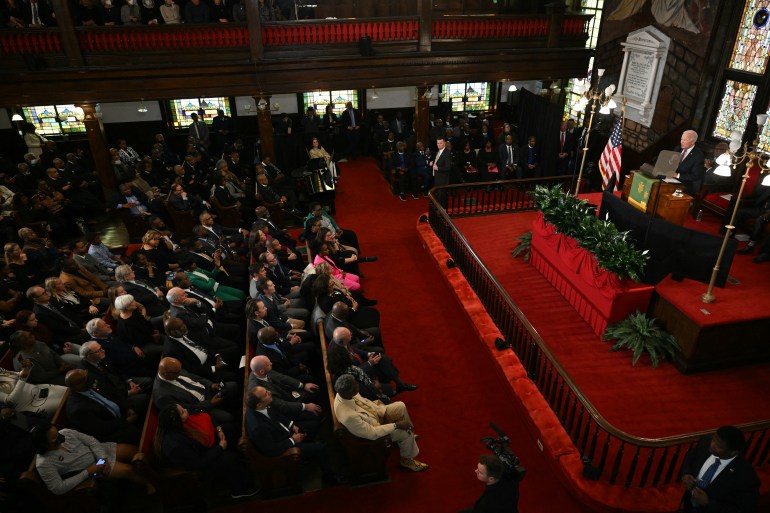 US President Joe Biden speaks at a campaign event at Mother Emanuel AME church in Charleston, South Carolina, on January 8, 2024. (Photo by Mandel NGAN / AFP)