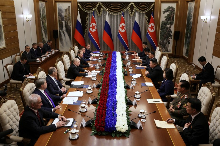 Russia's President Vladimir Putin and North Korea's leader Kim Jong Un hold talks in Pyongyang, North Korea June 19, 2024. Sputnik/Gavriil Grigorov/Pool via REUTERS ATTENTION EDITORS - THIS IMAGE WAS PROVIDED BY A THIRD PARTY.