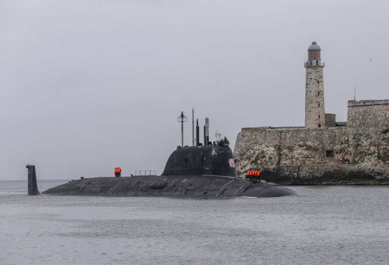 Russia's Kazan nuclear-powered submarine arrives at the port of Havana, Cuba, Wednesday, June 12, 2024. A fleet of Russian warships reached Cuban waters on Wednesday ahead of planned military exercises in the Caribbean. (AP Photo/Ariel Ley)