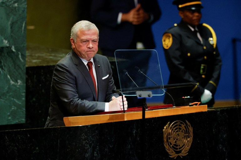 Jordan's King Abdullah II ibn Al Hussein addresses the 79th United Nations General Assembly, at U.N. headquarters in New York, U.S., September 24, 2024. REUTERS/Shannon Stapleton