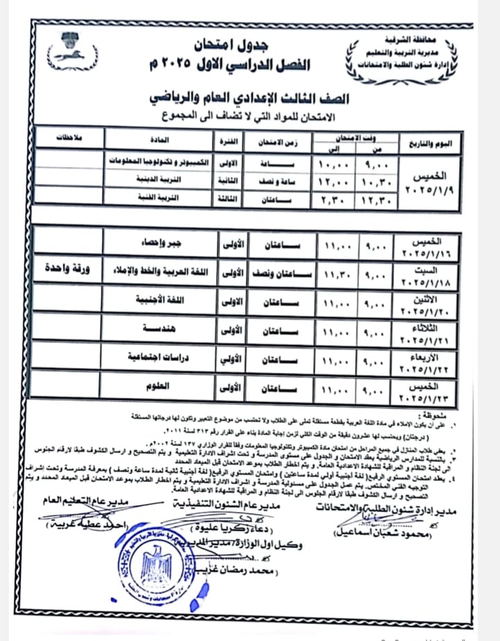 May be an image of ‎map, blueprint, ticket stub and ‎text that says '‎جدول امتحان الفصل الدراسي الاول ٢٢٢٢٥ محاشلة الشرلية مديريه الفربسة والتعليم سااداره شنوں السلية واآمنحانات ملاهنشات الصف الثالث الإعدادي العام والرياضي الامتحان للمواد التي تضاف المجموع المادة الشترة الکمسبودر وشولوها المعلو زمن الاولی ونت المتحان الترسة الدبنية الثائية التربية الللية الموم والشاريخ الثالنه سامشان الخميس T・O// で・ جبرواحصاء ورقة واحدة الأولى سامتان اللفة العربية والخحا والأملاء امتان ونصف الأجنبية الخميس T。TO//パ 11,r. سامنان هندسة الثولى السیت T。TOハハA الاشين T・Toソ/T・ الثلاشاء ٢٢/١/١١١ دراسات اجتمامیة الأولي لسامشان العلوم الڈولى الستعة مامتان الأربعاء T・TOハヤT ۱٠۰٠۰ من موشو اللعیر رعون اشرف هرررد الخميس T・TOハ/ヤイ رسل لنفرف عبة ساعة ونمف اسر الطلاب الاشعن بن‎'‎‎