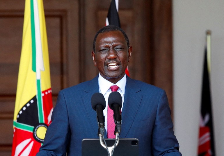 FILE PHOTO: Kenya's President William Ruto speaks at a press conference where he announced spending cuts in government after protests against Kenya's proposed finance bill 2024/2025, in Nairobi, Kenya, July 5, 2024. REUTERS/Monicah Mwangi/File Photo