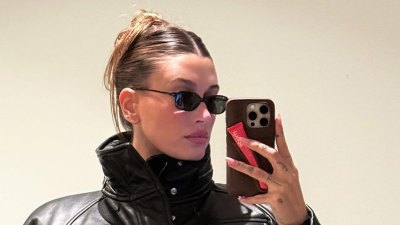 Hailey Bieber ترتدي فستان معطف من الجلد الملائم والمره