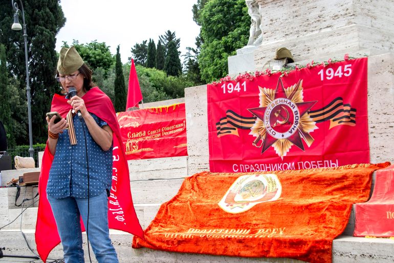 ROME, ITALY - 2025/05/04: Celebration of the Immortal Regiment in Rome on the 80th anniversary of the Soviet Union's victory over Nazi Germany. During the event, which takes place in Russia and in many cities around the world on the margins of Victory Day celebrations (9 May) and which celebrates the defeat of Nazism and the end of the Second World War, relatives bring the portrait or photograph of their loved ones who fell fighting Nazi-Fascism to remember them and keep the memory alive. (Photo by Patrizia Cortellessa/Pacific Press/LightRocket via Getty Images)