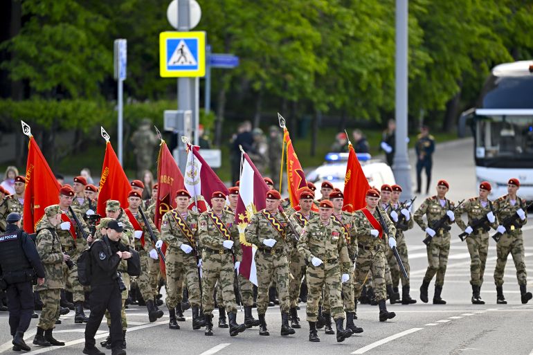 MOSCOW, RUSSIA - MAY 7: Troops march towards the Red Square to attend the general rehearsal of Victory Day military parade marking the 80th anniversary of the victory over Nazi Germany in World War II, at Red Square in Moscow, Russia on May 7, 2025. (Photo by Sefa Karacan/Anadolu via Getty Images)
