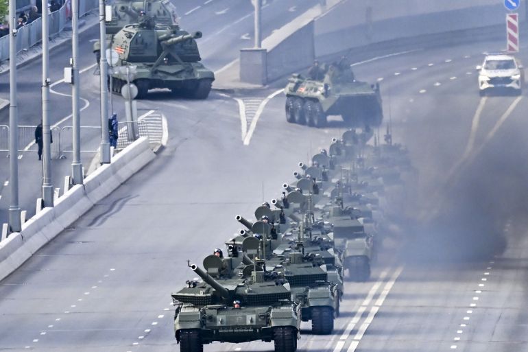 MOSCOW, RUSSIA - MAY 7: Russian military vehicles are on their way to Red Square during the general rehearsal of Victory Day military parade marking the 80th anniversary of the victory over Nazi Germany in World War II, at Red Square in Moscow, Russia on May 7, 2025. (Photo by Sefa Karacan/Anadolu via Getty Images)
