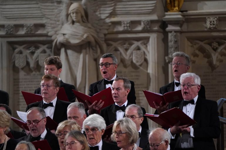 Bernard Jenkin (back centre) with the Parliament Choir and Sinfonia Smith Square performing in Westminster Hall in the Palace of Westminster in London, London during a VE Day anniversary concert. Picture date: Wednesday May 7, 2025. (Photo by Stefan Rousseau/PA Images via Getty Images)