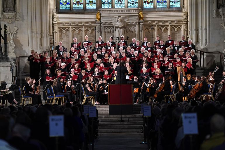 The Parliament Choir and Sinfonia Smith Square performing in Westminster Hall in the Palace of Westminster in London, London during a VE Day anniversary concert. Picture date: Wednesday May 7, 2025. (Photo by Stefan Rousseau/PA Images via Getty Images)