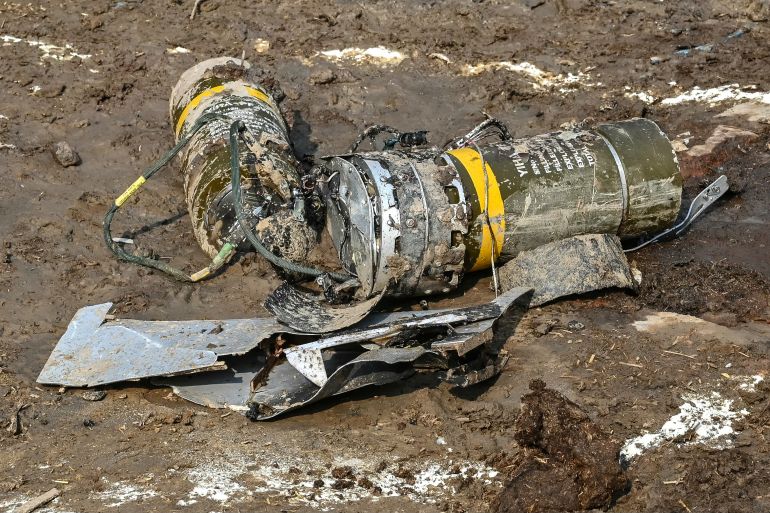 Explosives and debris of a drone are pictured after it was intercepted by the Indian air defence system, on the outskirts of Amritsar on May 10, 2025.