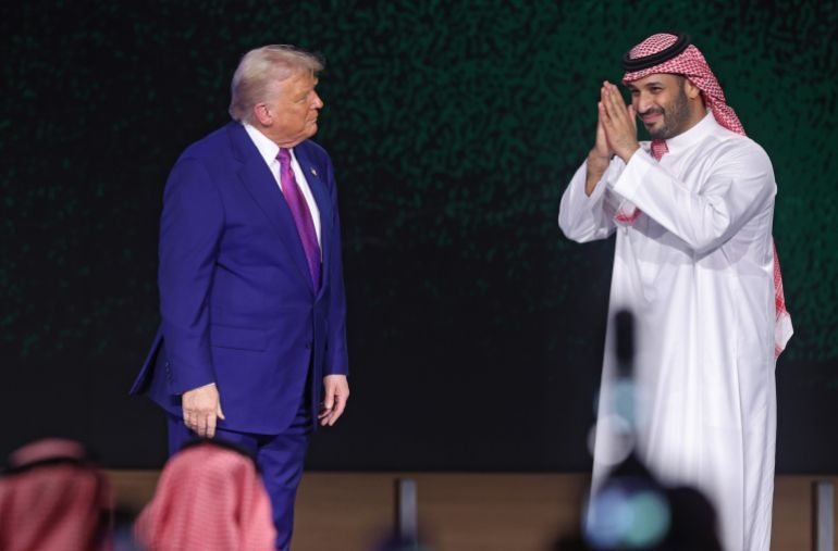 epa12096900 US President Donald Trump (L) and Saudi Crown Prince Mohammed bin Salman bin Abdulaziz Al Saud (R) attend the Keynote Address at the Saudi-US Investment Forum in Riyadh, Saudi Arabia, 13 May 2025. The forum is taking place during the state visit of US President Trump to Saudi Arabia on 13 May. EPA-EFE/ALI HAIDER